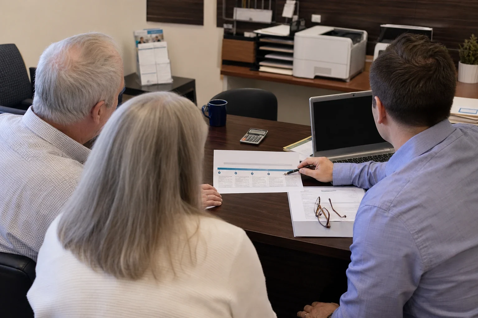 Agent points a pen at a printed timeline while a gray-haired couple looks on at a wooden office desk with a laptop, calculator, mug and reading glasses